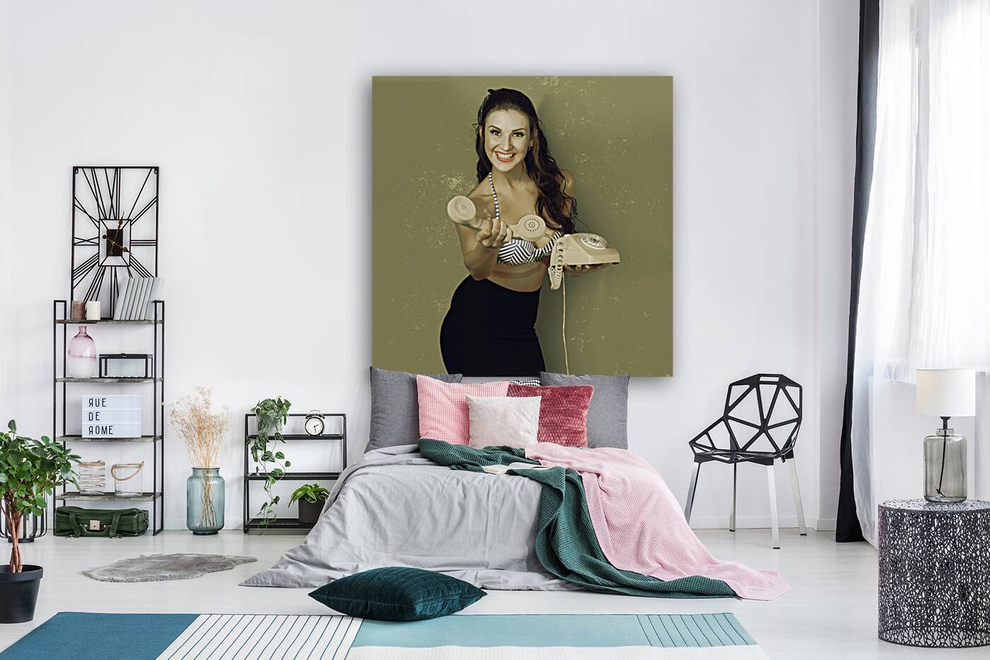 Funky pinup girl handing over a vintage telephone Reproduction