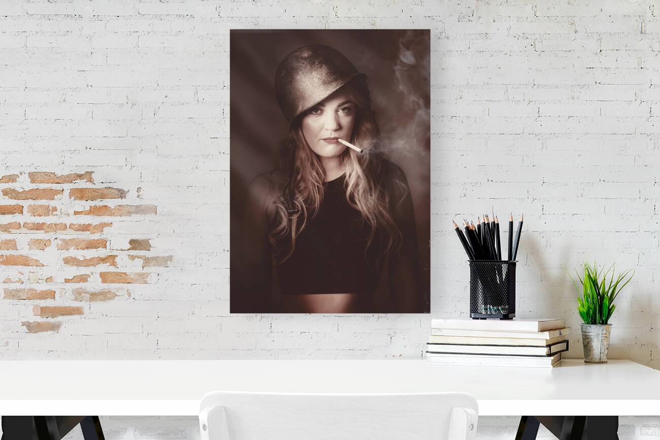 Beautiful blond army pinup girl smoking cigarette Reproduction