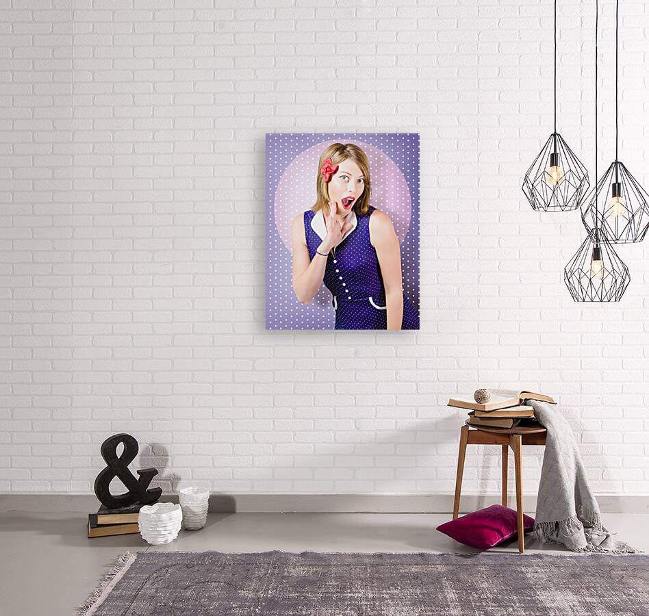 Surprised pin-up woman in purple polka dot dress Reproduction