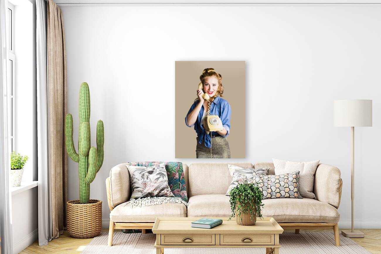 Woman with retro telephone Reproduction