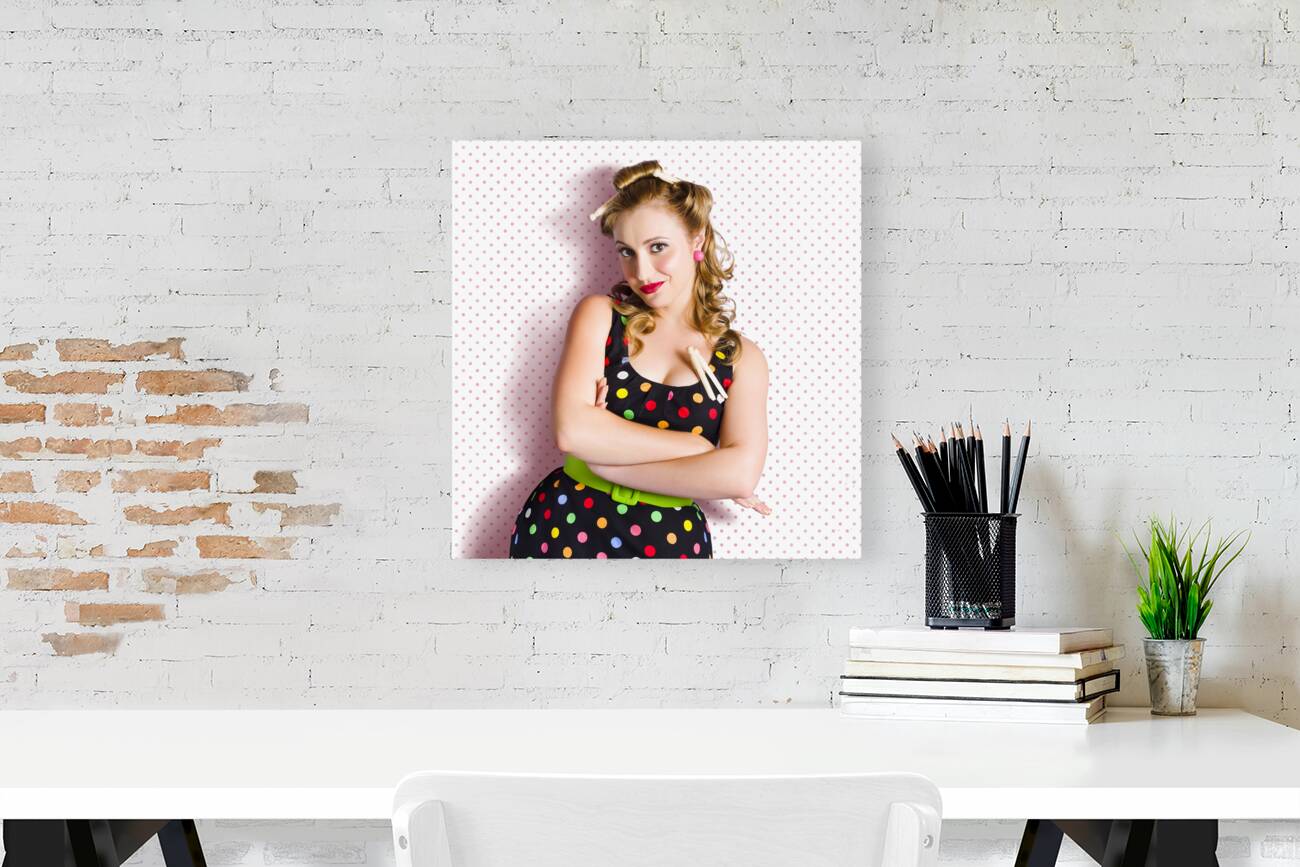 Pretty Retro Cleaning Lady On Polka Dot Background Reproduction