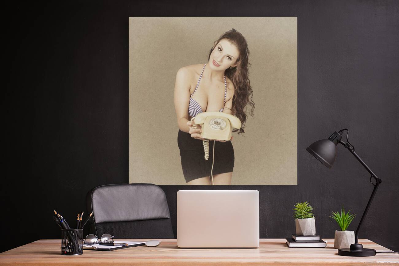 Vintage young pin up woman with phone. Contact us Reproduction