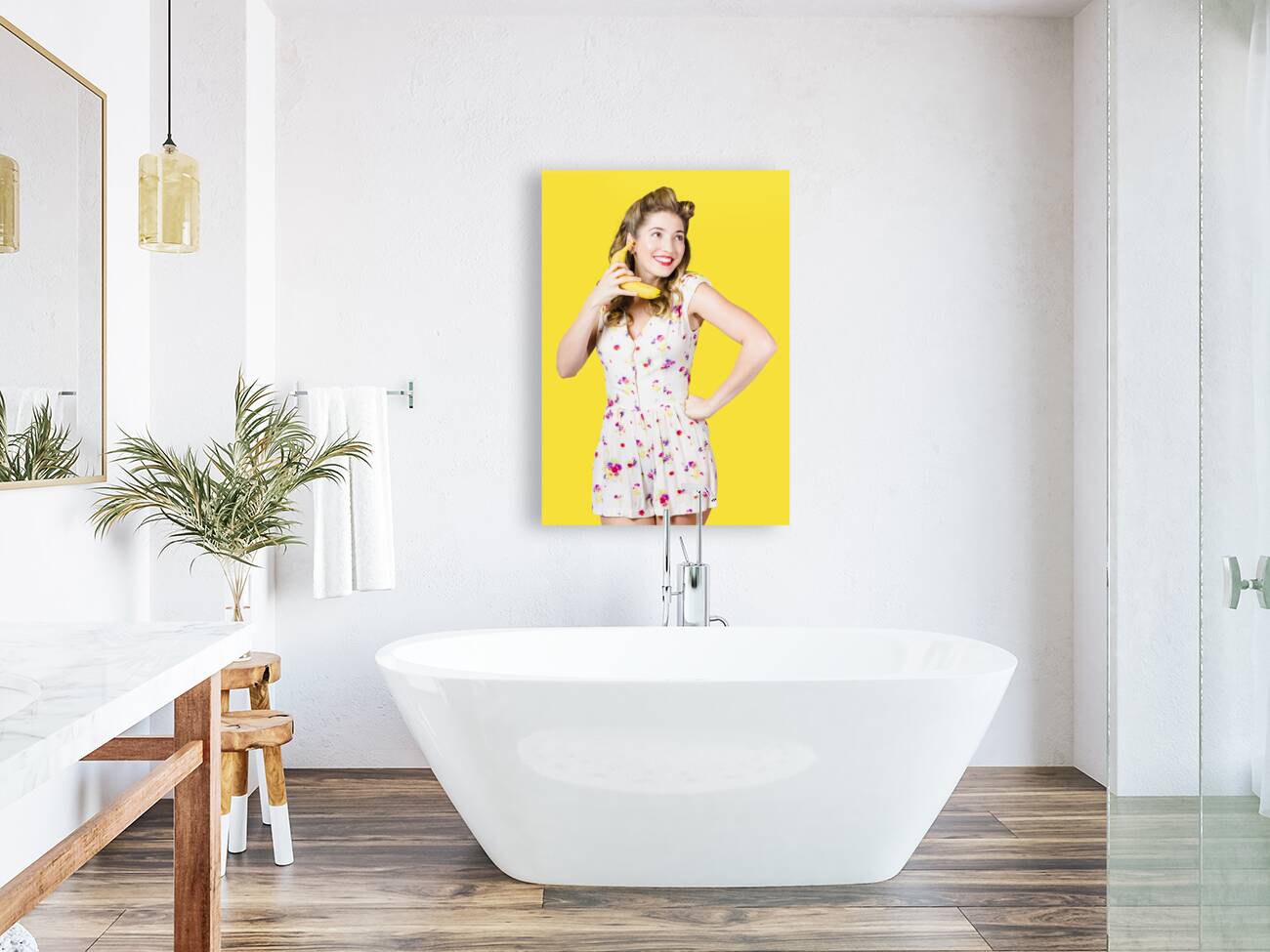 Retro pin up girl chatting on banana telephone Reproduction