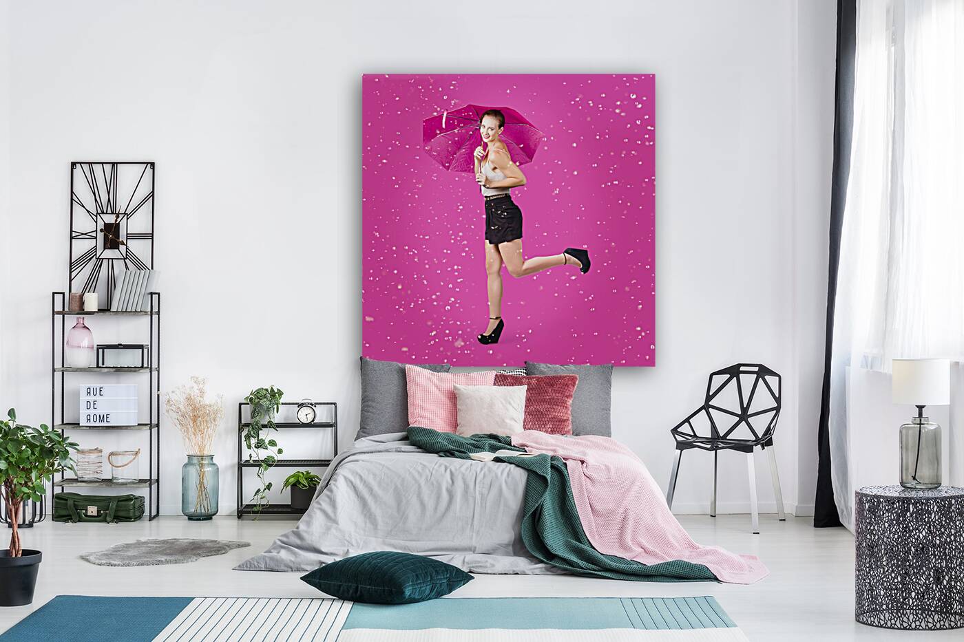 Smiling female model dancing in falling rain Reproduction