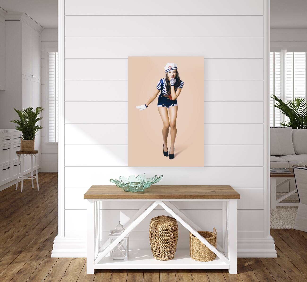 Retro pinup girl blowing travelling departure kiss Reproduction