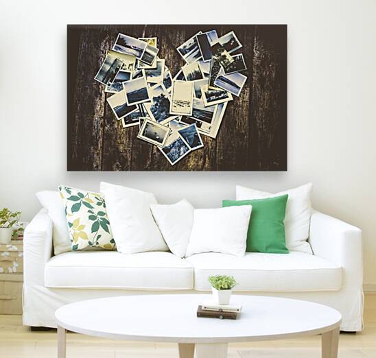 Heart-shaped instant photographs on wooden background Reproduction