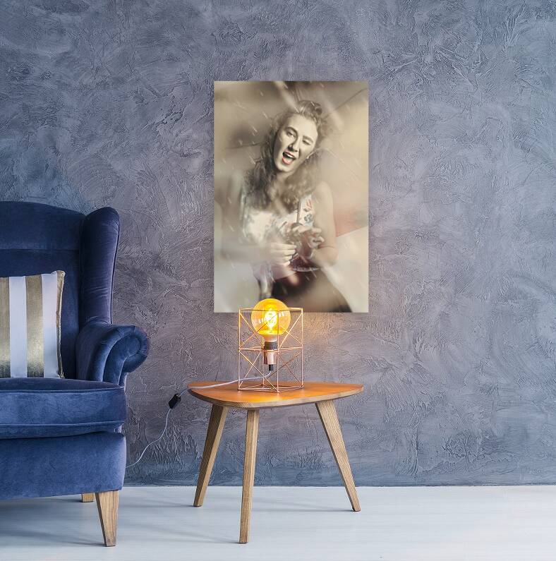 Pin-up woman dancing in a shower of rain Reproduction