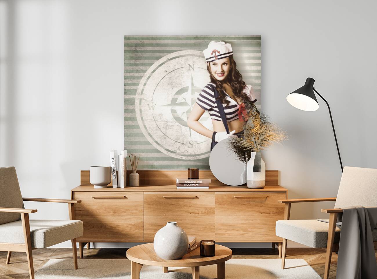 Young sailor pin up girl on travel cruise compass Reproduction