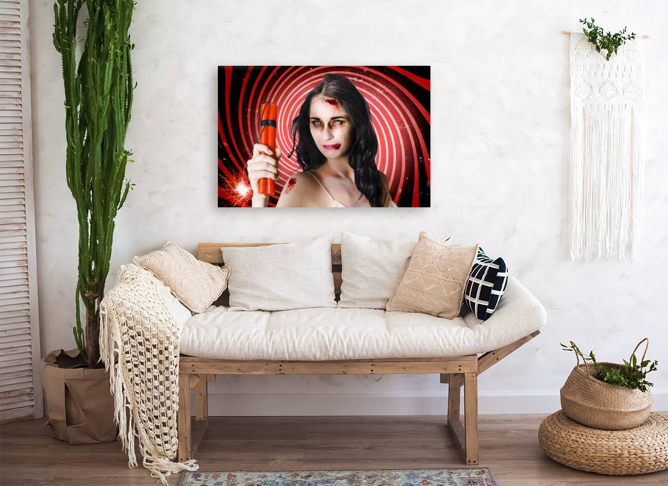 Danger. Zombie holding explosives in a terror act Reproduction