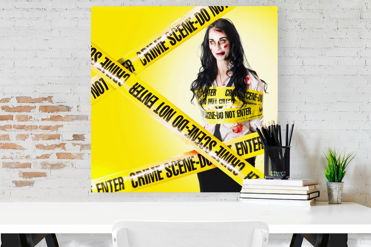 Dead zombie wrapped in tape at crime scene Reproduction