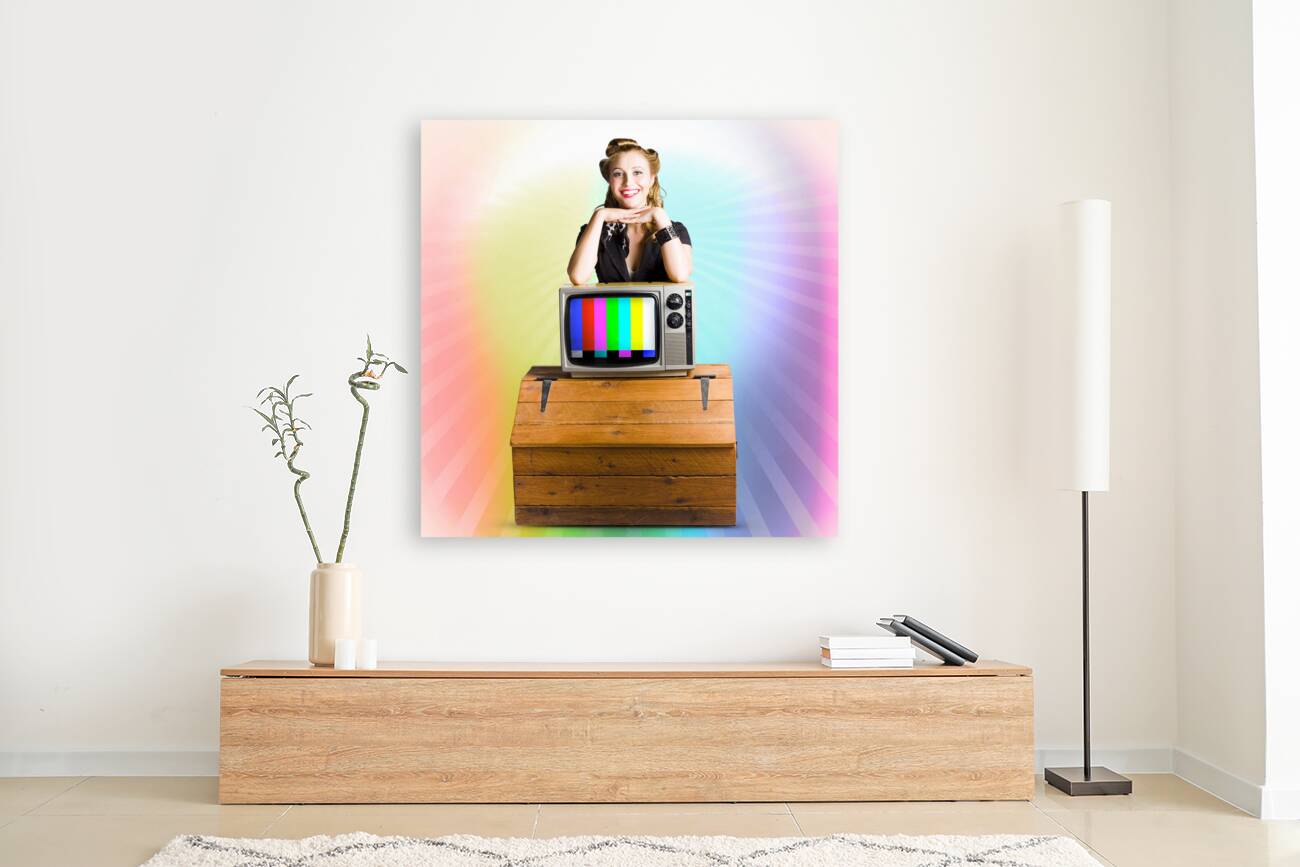 Technology Smart Pinup Woman On Retro Color TV Reproduction