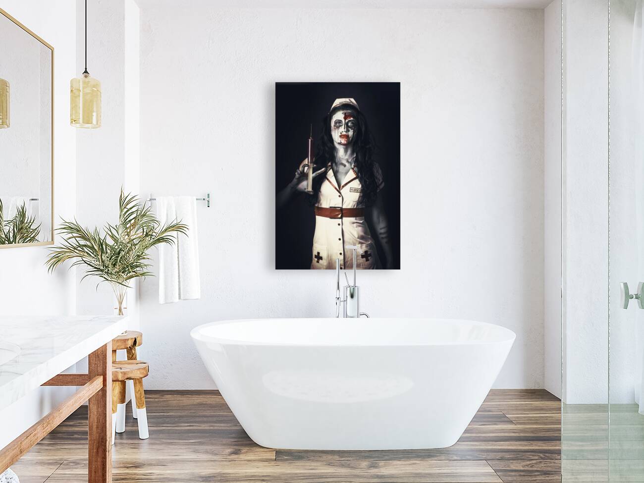 Zombie nurse holding bloody euthanasia syringe Reproduction