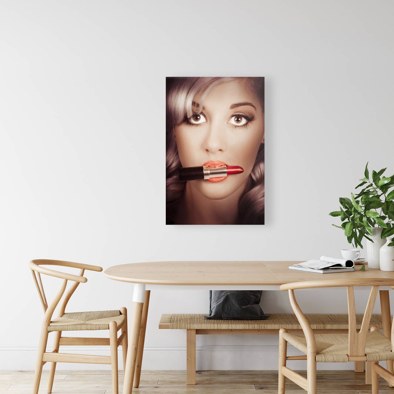 Surprised pinup girl with lipstick makeup in mouth Reproduction