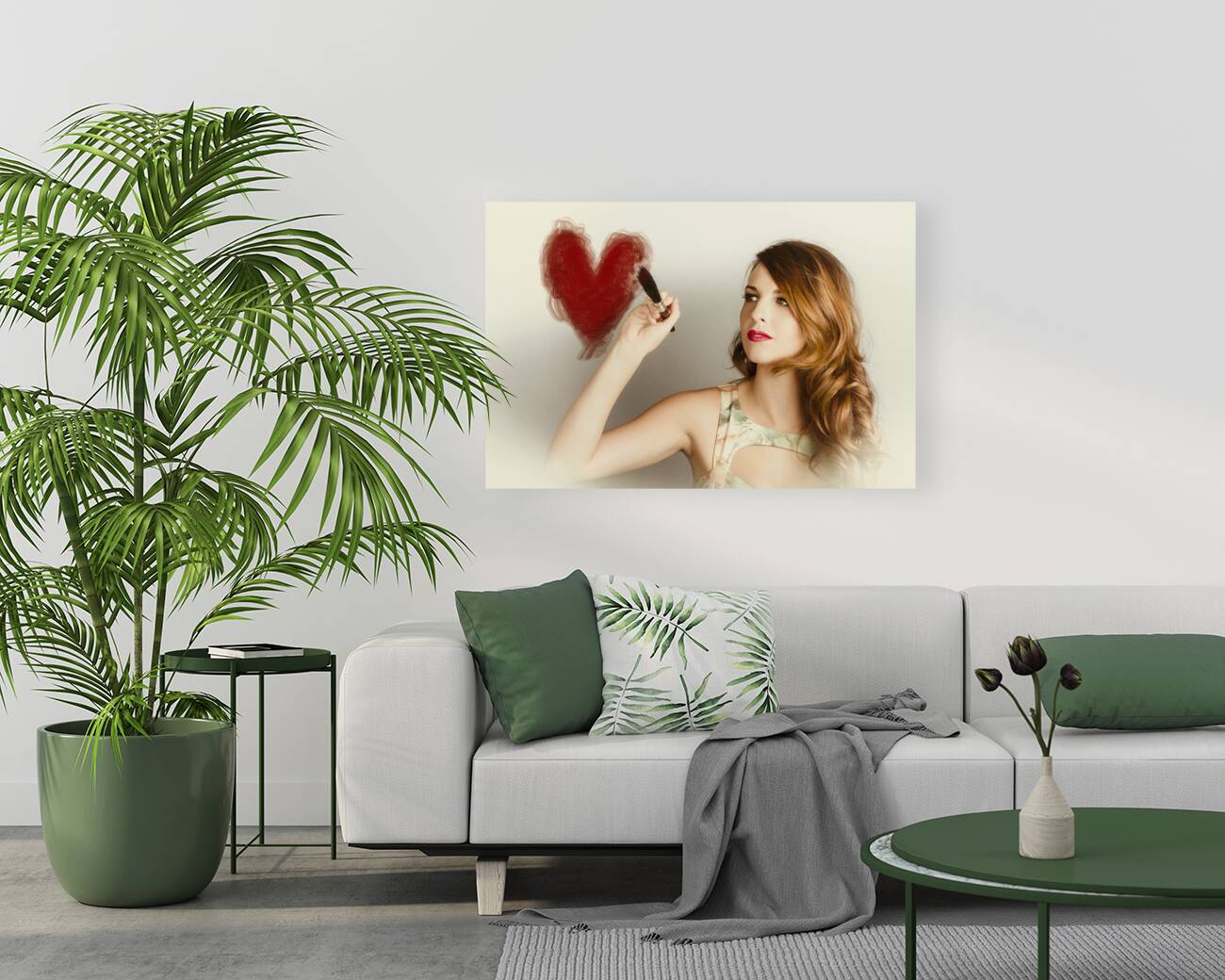 Beautiful retro girl painting red love heart Reproduction