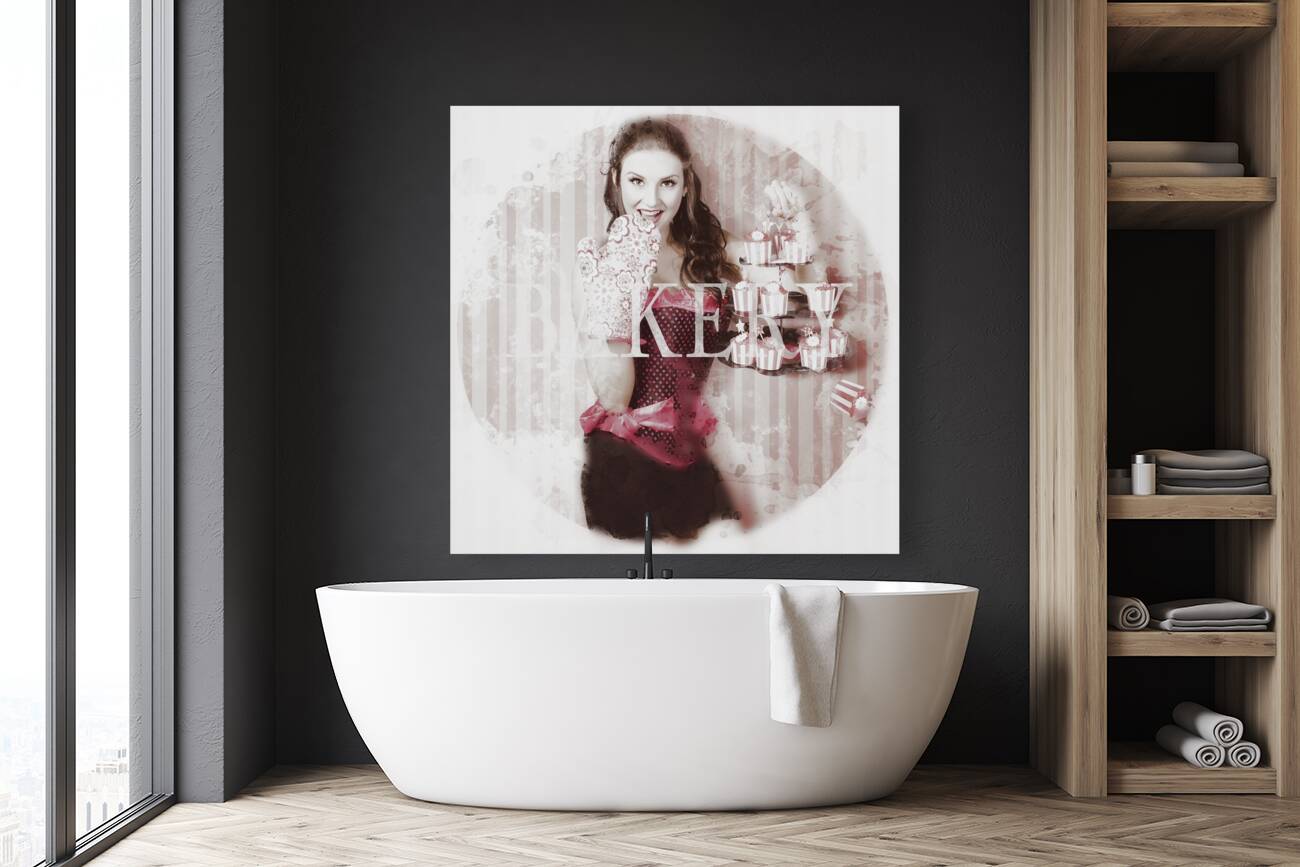 Pinup girl cooking up surprise treat in bakery Reproduction