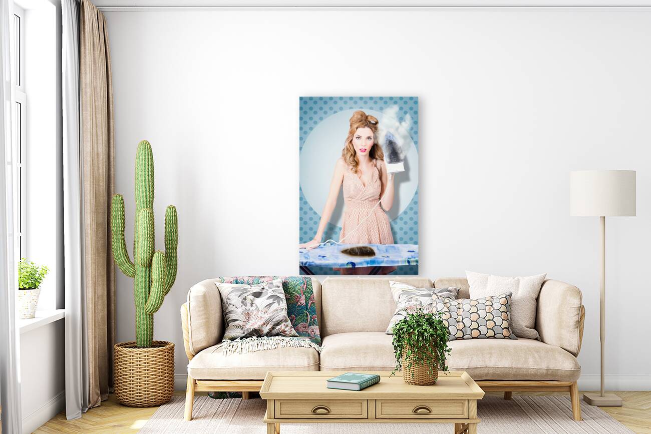 Surprised housewife with BURNT OUT ironing board Reproduction