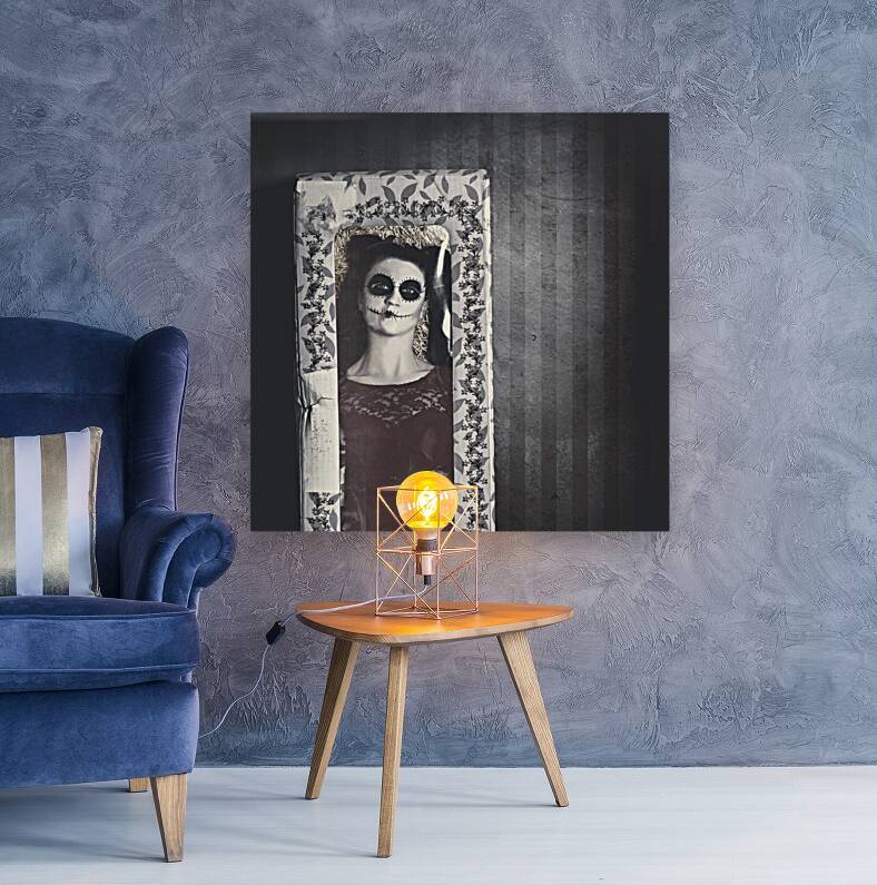 Possessed sugar skull doll inside vintage toy box Reproduction