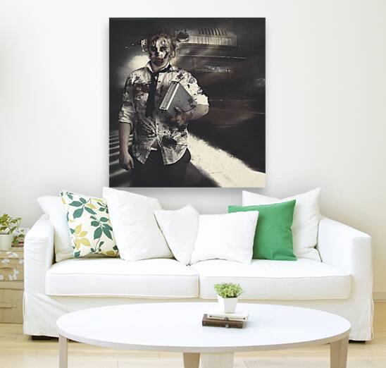 Dead zombie business woman catching ghost train Reproduction