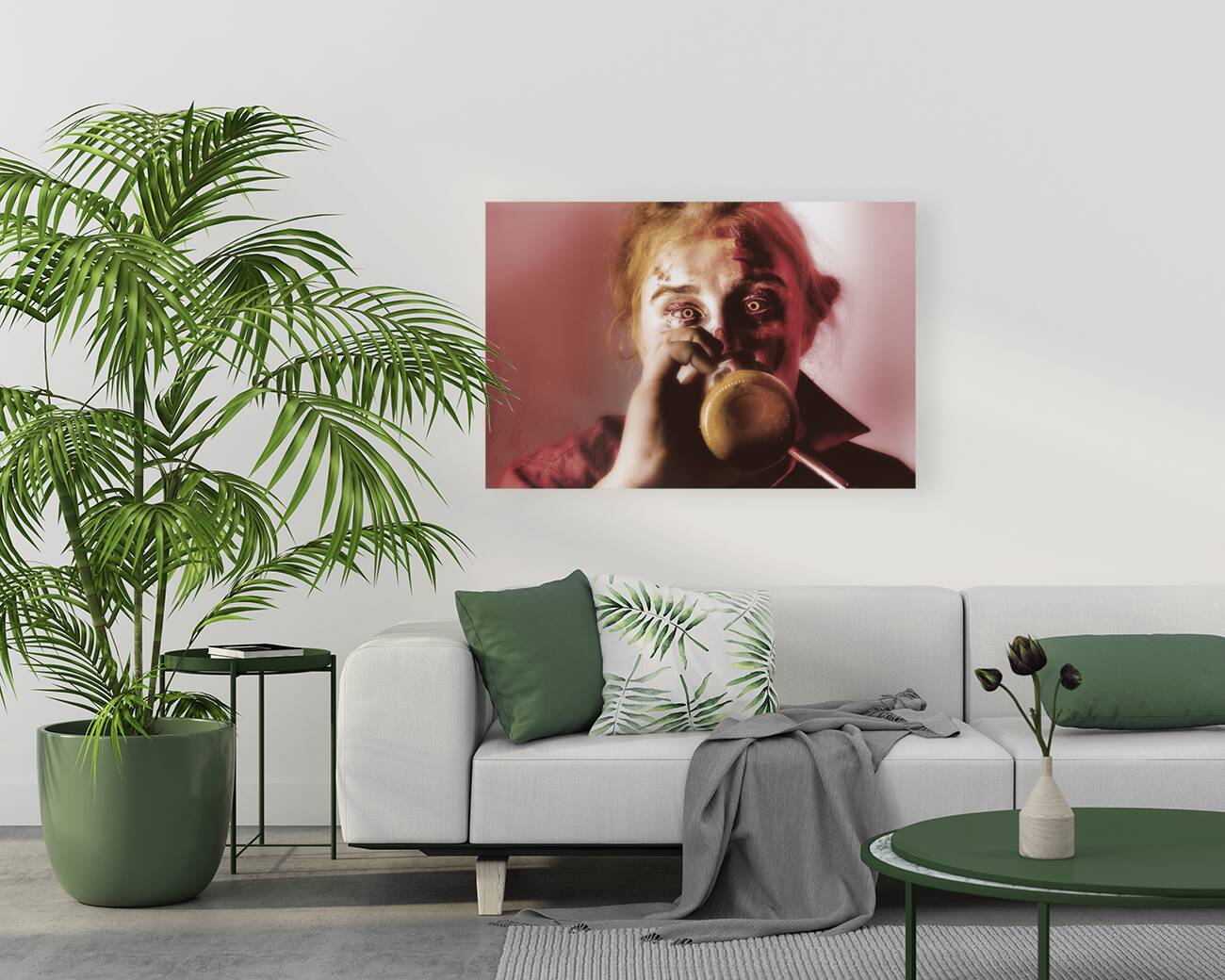 Drunk ghoul sculling beer at Halloween party Reproduction