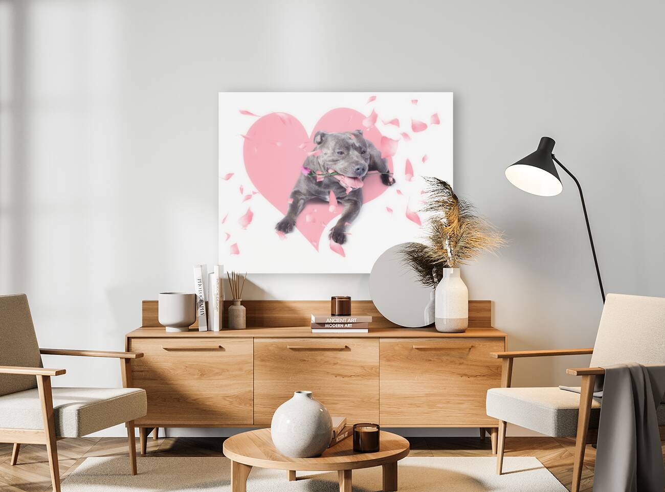 Dog with pink rose on heart shape background Reproduction