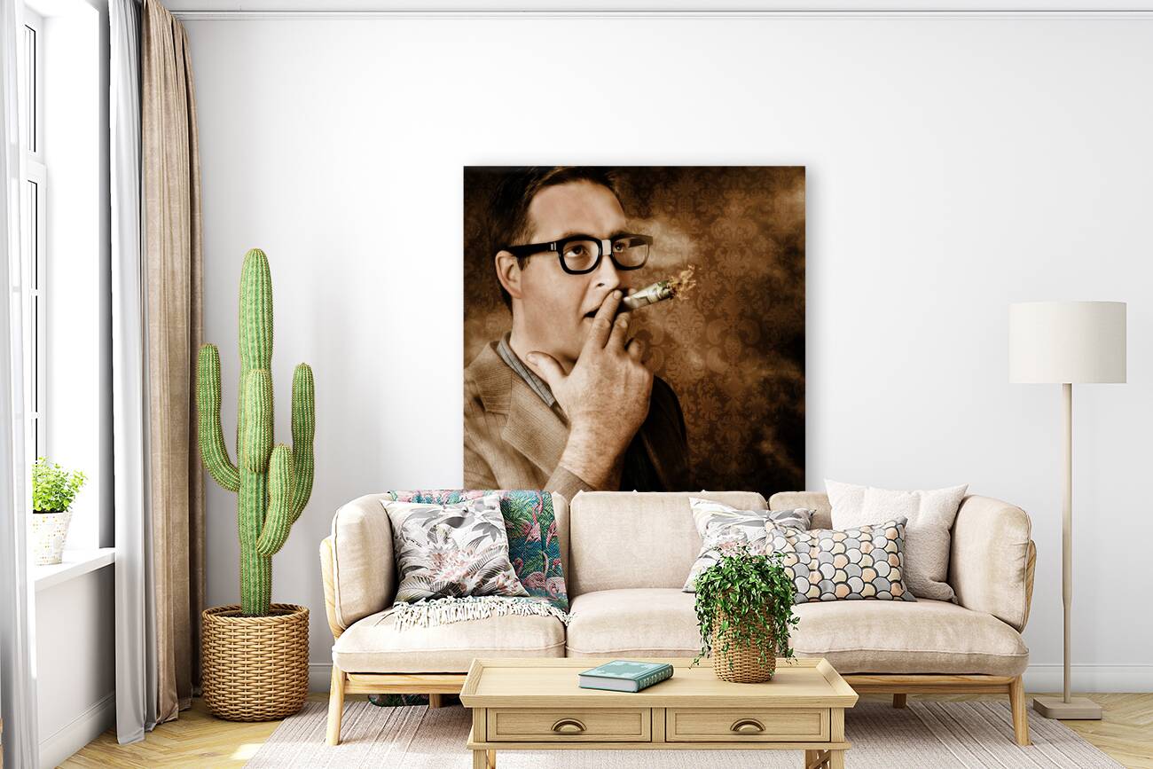 Vintage business man smoking money in success Reproduction