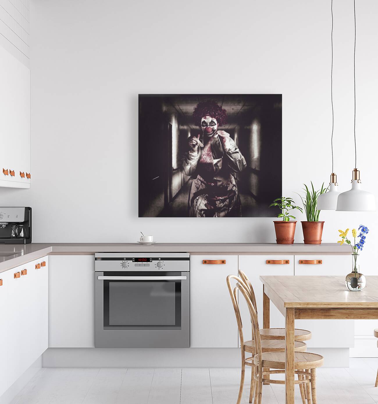 Creepy medical clown in grunge hospital hallway Reproduction