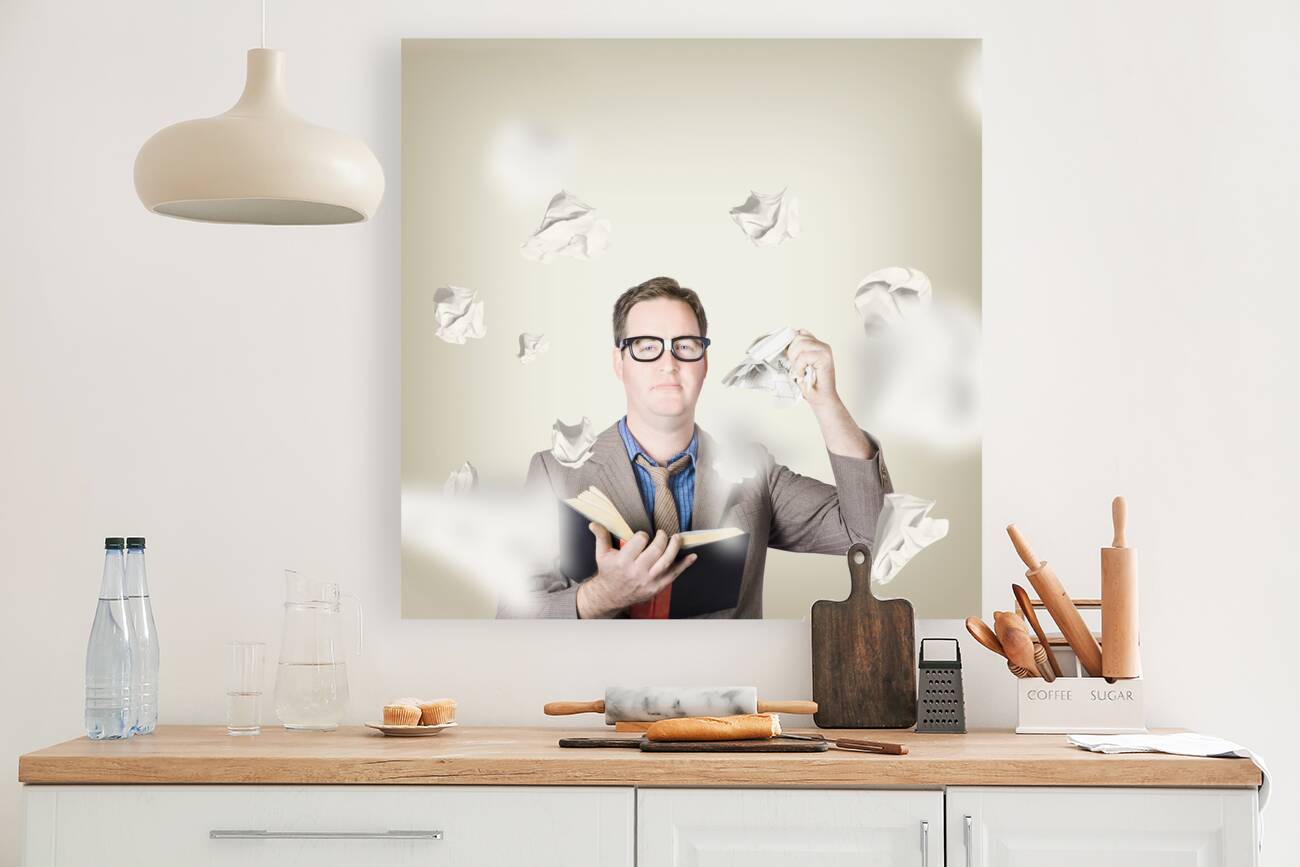 Businessman revising strategy in choice for change Reproduction