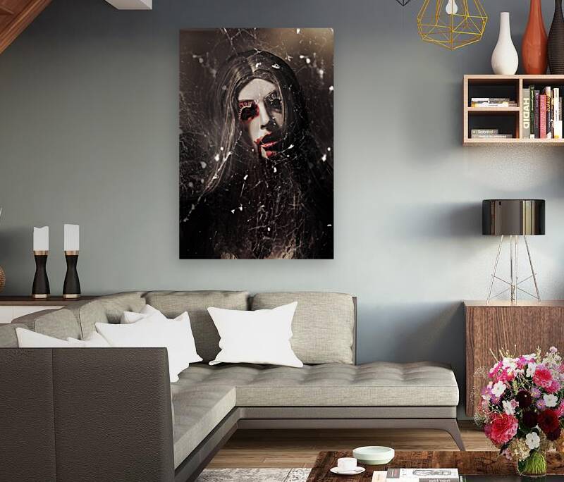 Female face of dark horror. Eye of the black widow Reproduction