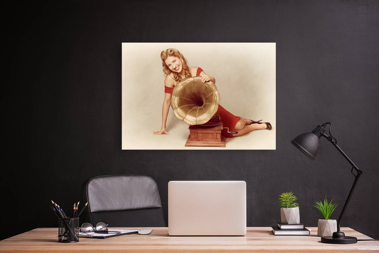60s pin up girl with vintage record phonograph Reproduction