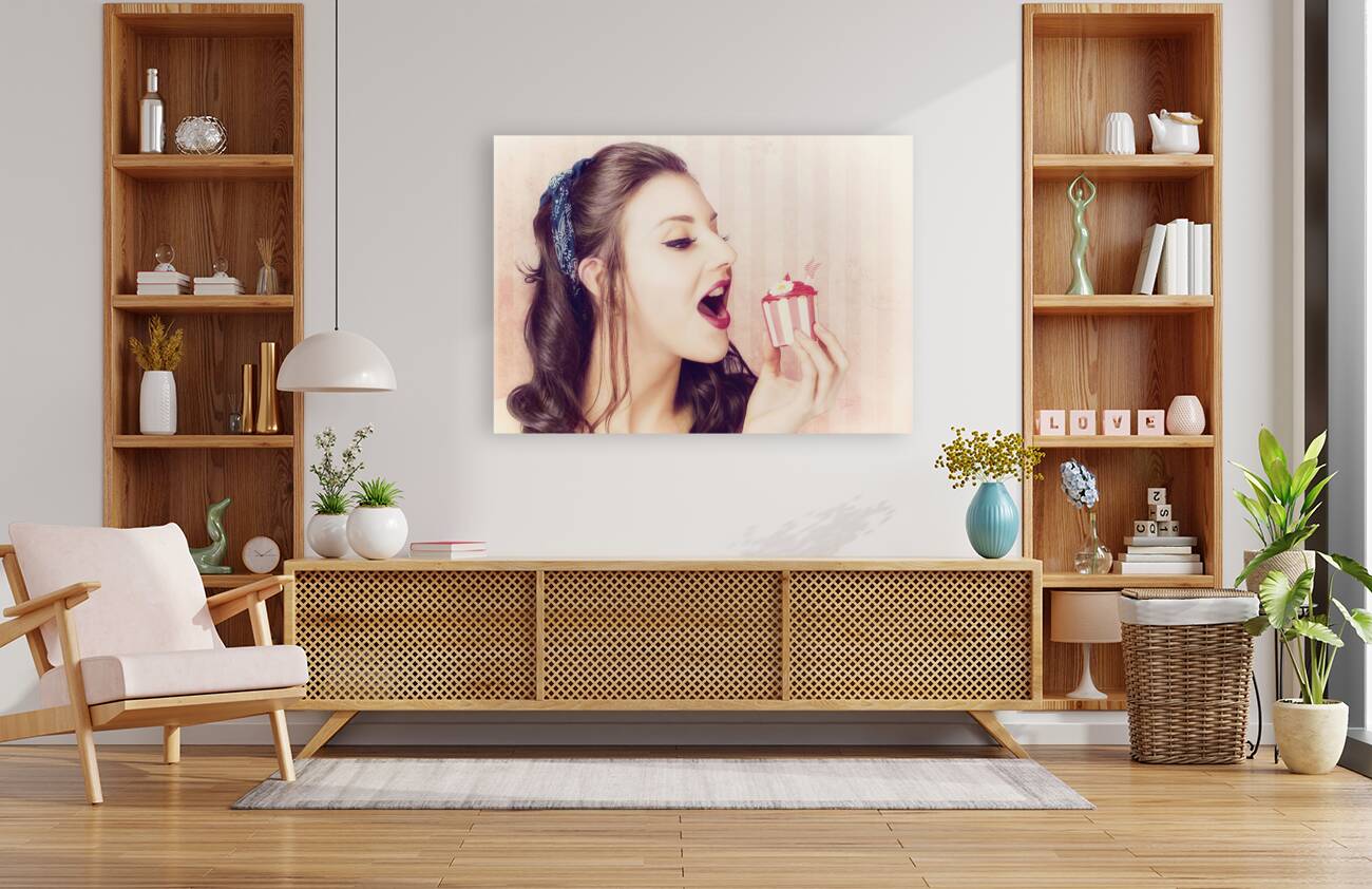 Vintage pin up girl eating strawberry cupcake Reproduction