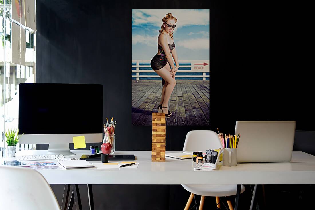 Cute Pinup Girl Looking Surprised On Beach Pier Reproduction