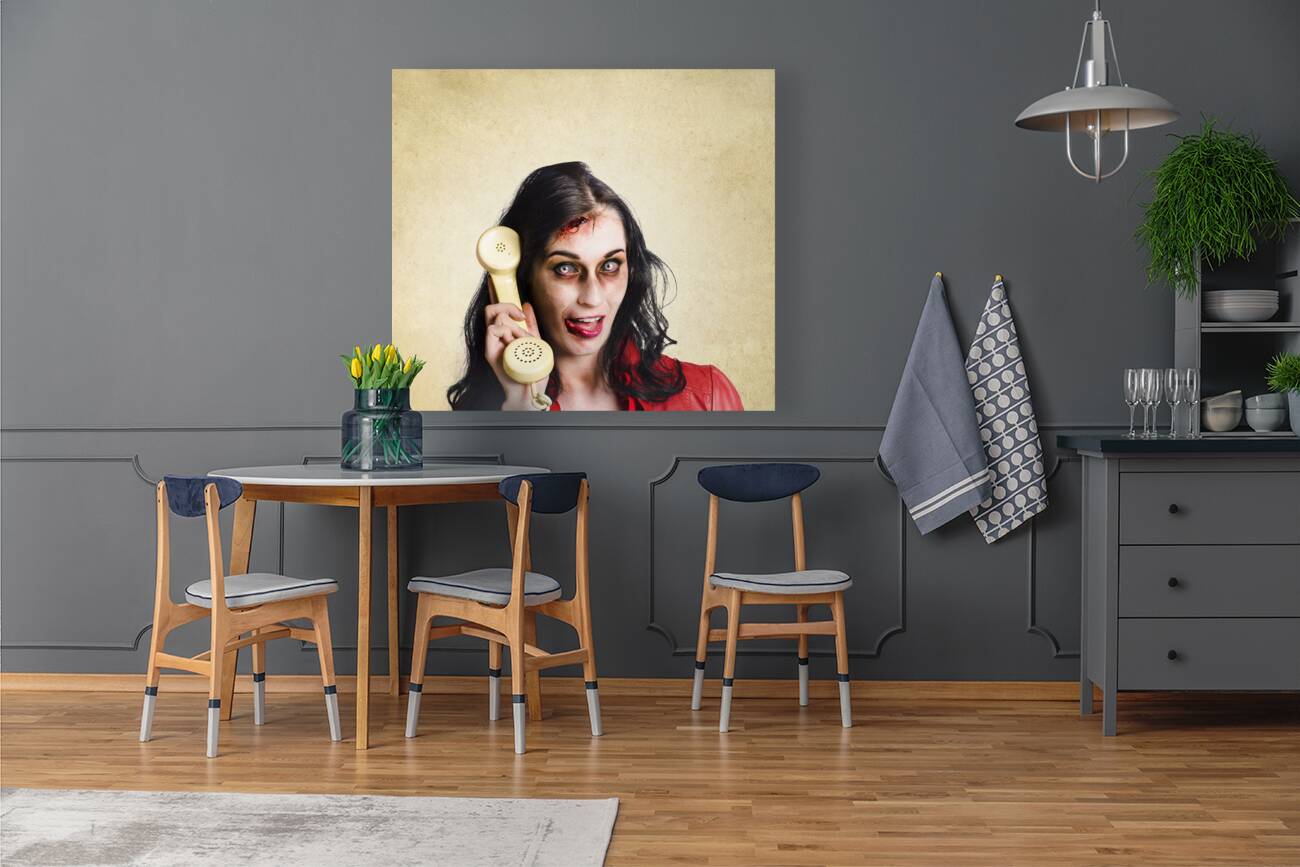 Funny zombie employee with dead phone line Reproduction