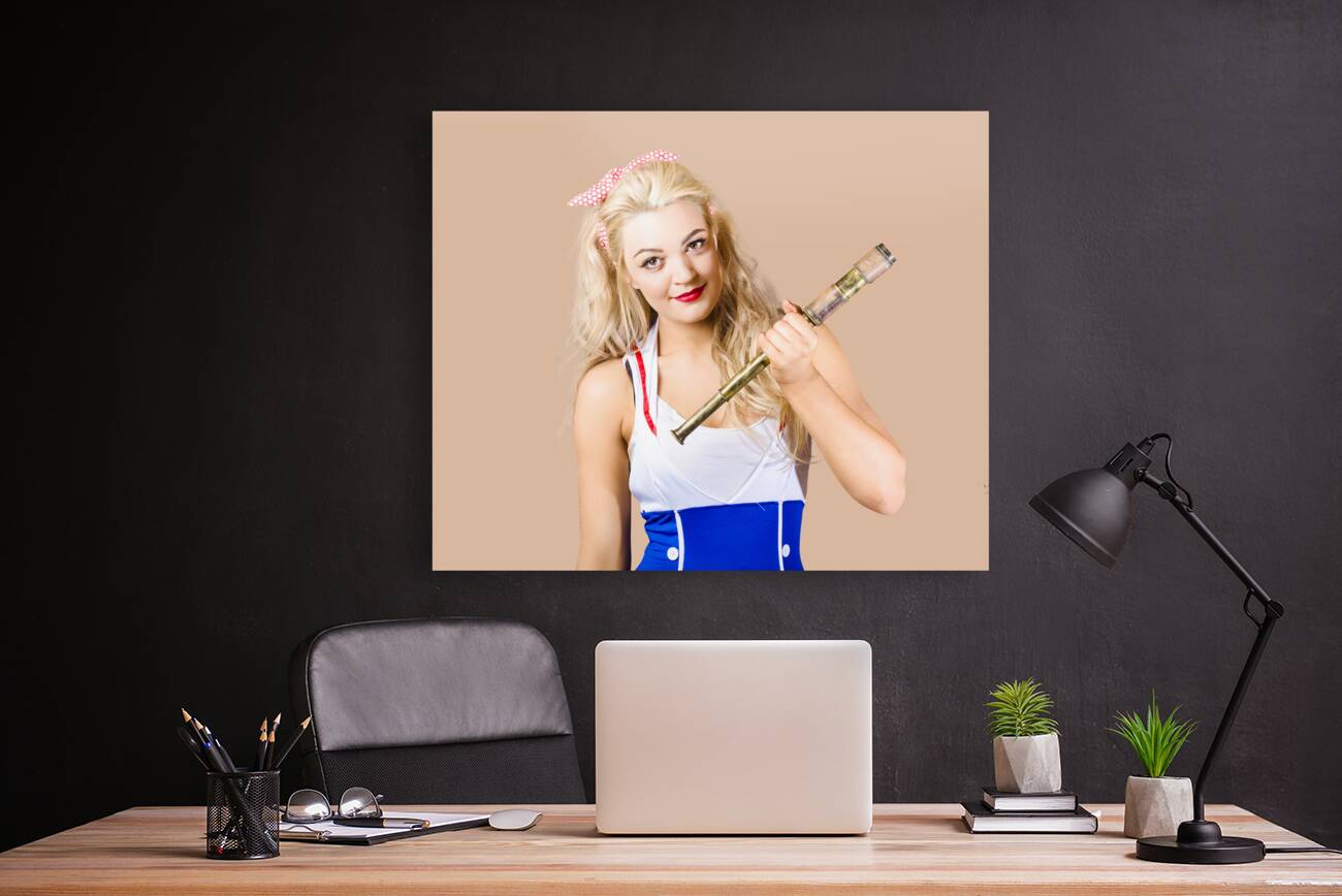 Sightseeing voyage pin-up girl with telescope Reproduction