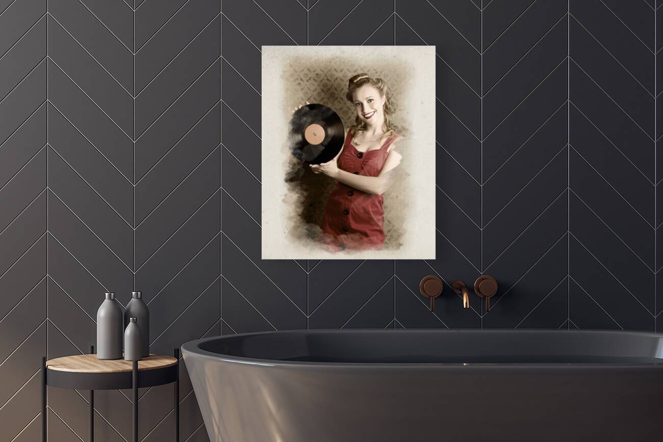 Pin-Up Rockabilly Woman Holding Vinyl Record LP Reproduction