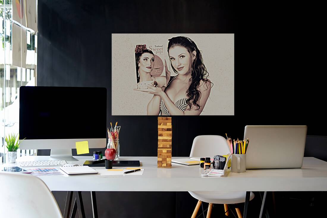 Vintage pop art advert girl with breakfast product Reproduction