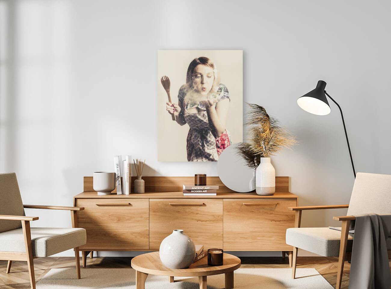 Retro cooking woman giving recipe kiss Reproduction