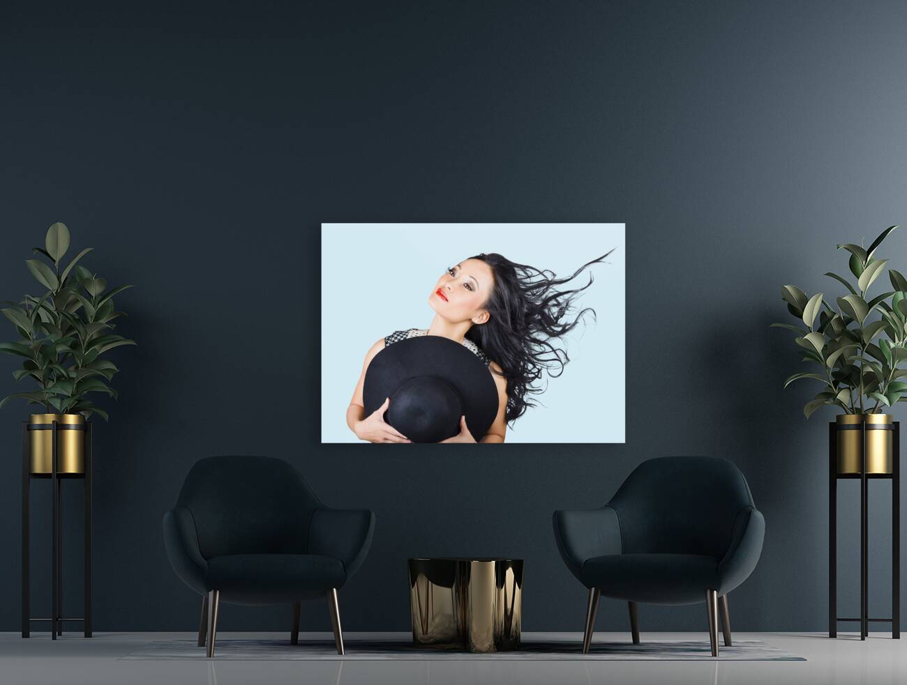 Woman posing with hat Reproduction