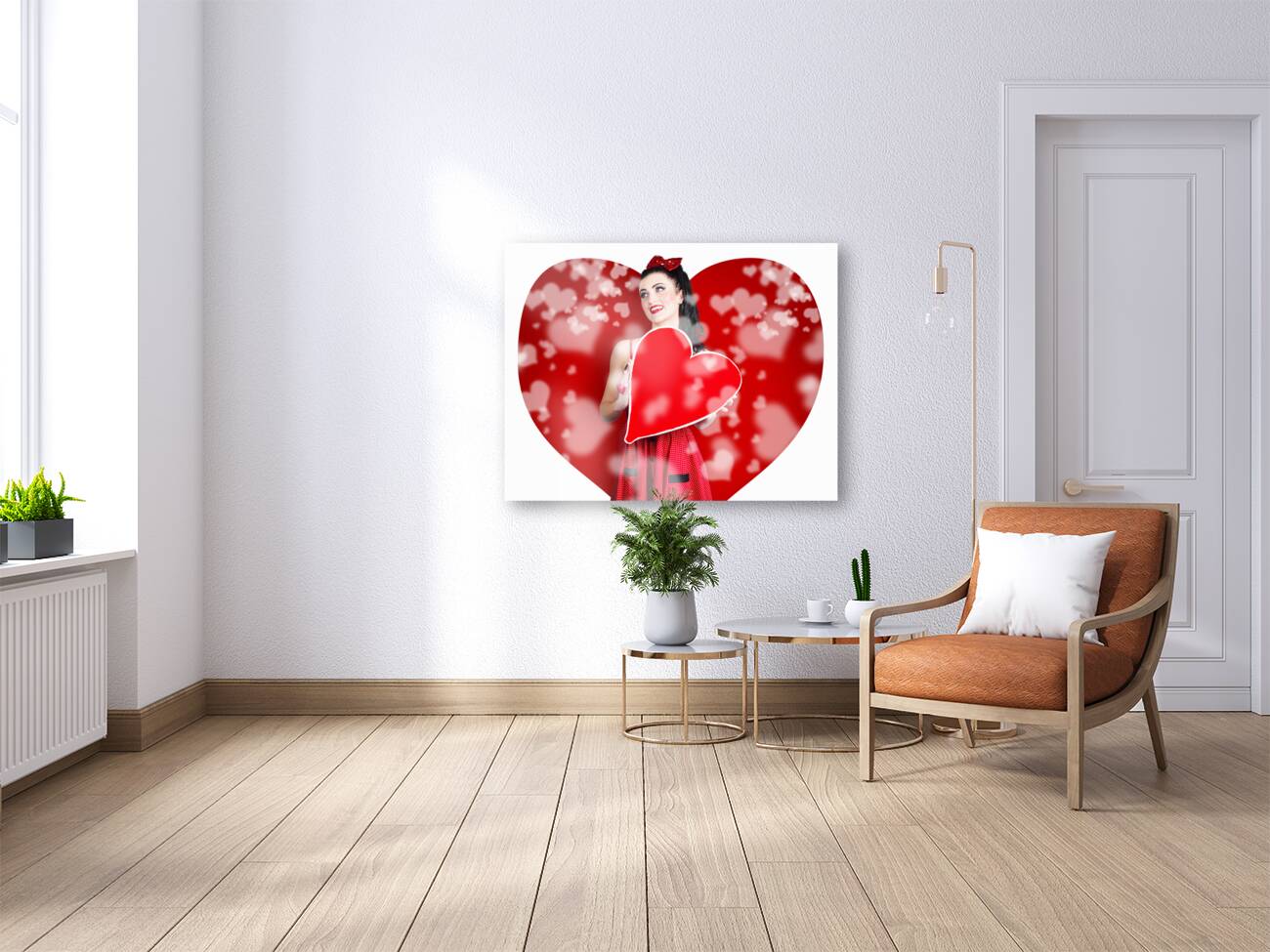 Beautiful woman holding blank love heart sign Reproduction