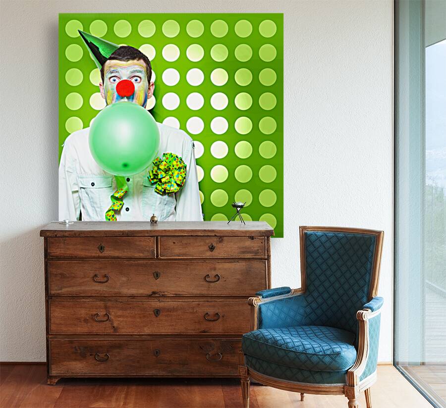 Crazy Party Clown Inflating Green Party Balloon Reproduction