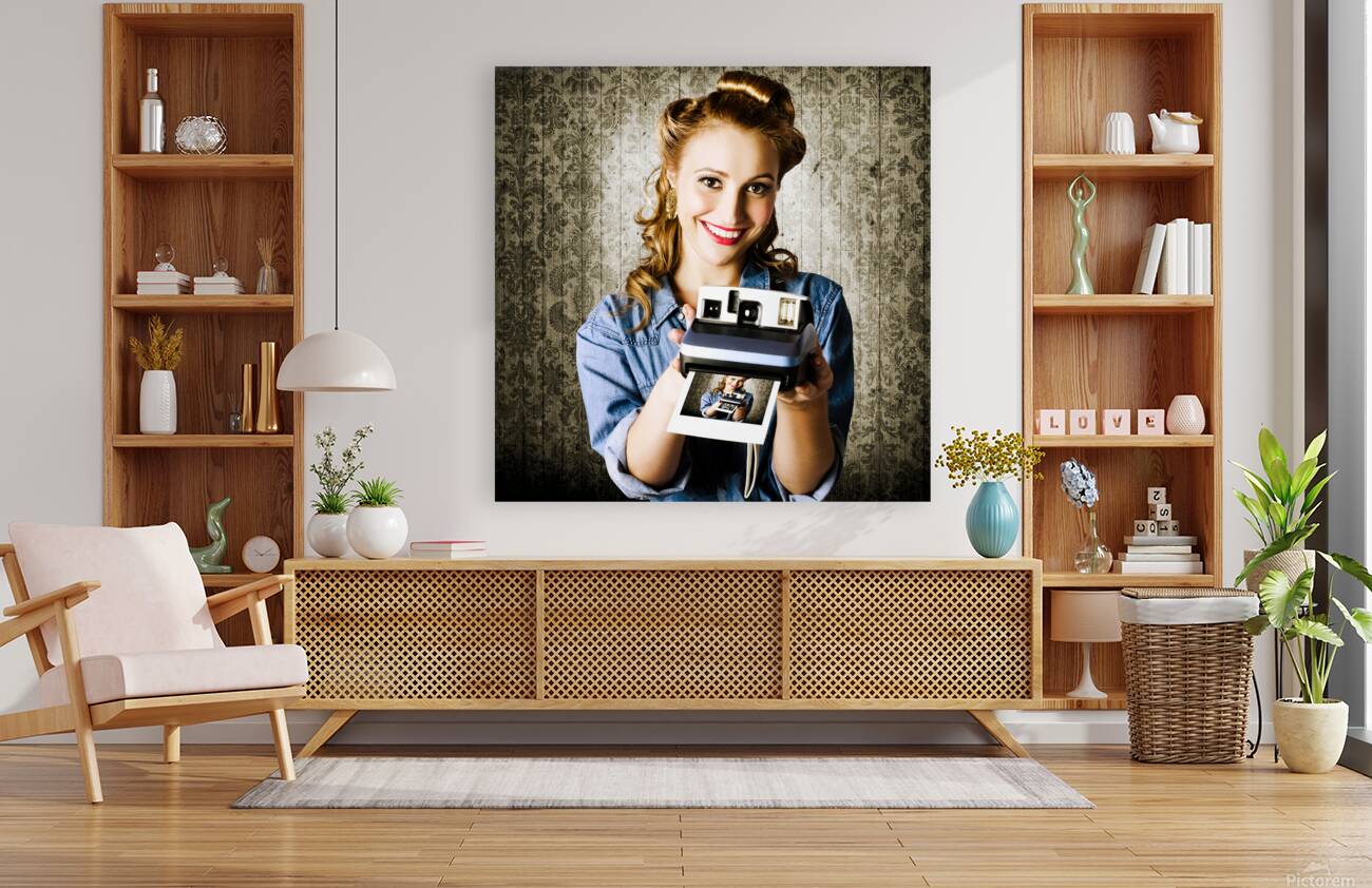 Smiling Young Vintage Girl Taking Polaroid Photo Reproduction