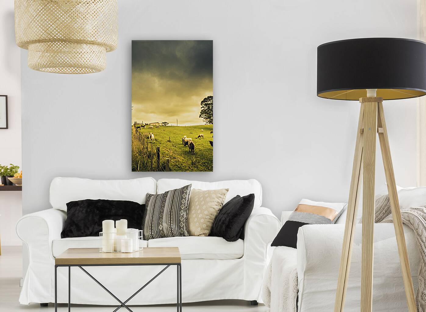 Overcast sky above herd of cows on pasture Reproduction