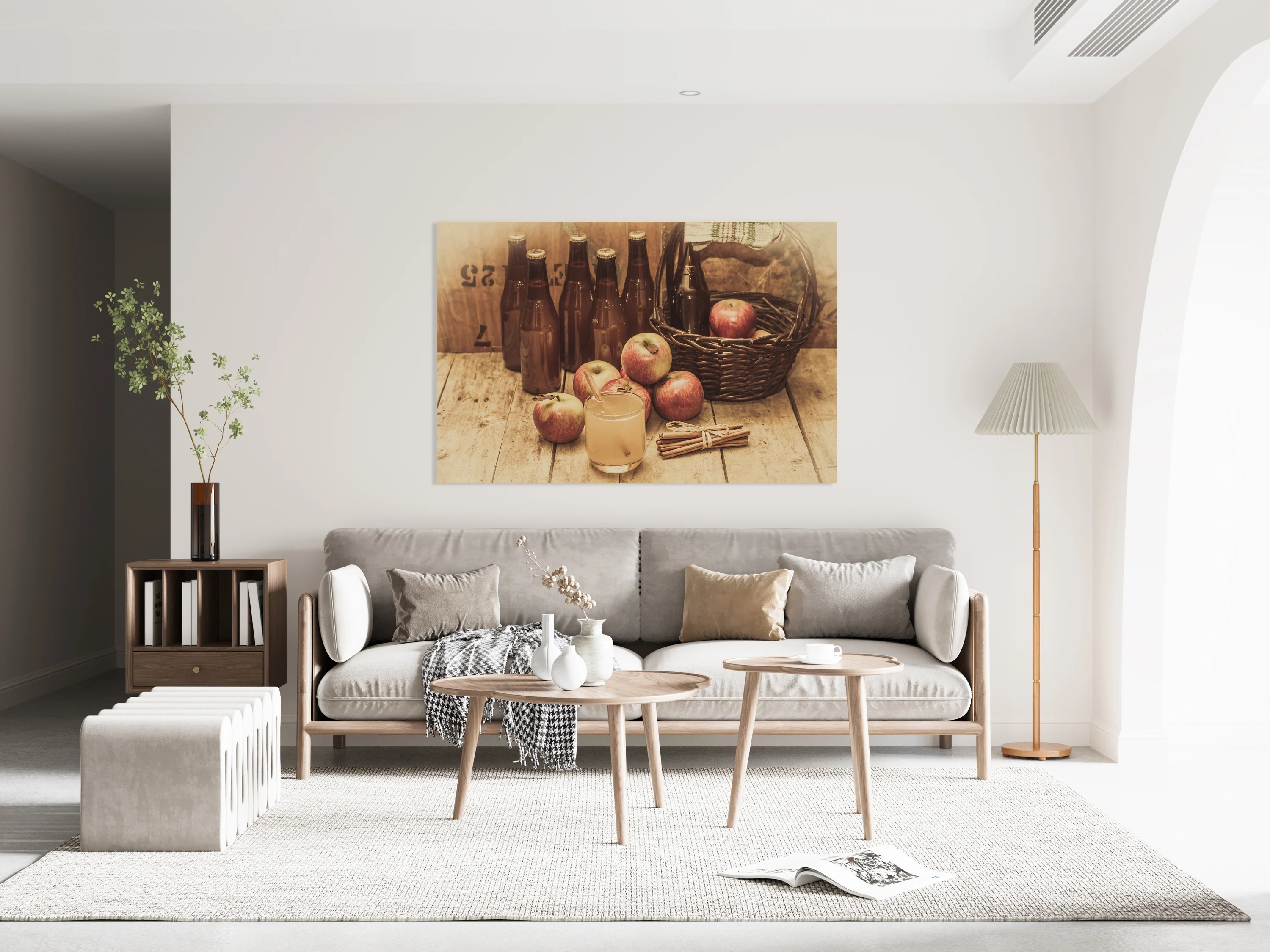 Apples Cider By Wicker Basket On Wooden Table