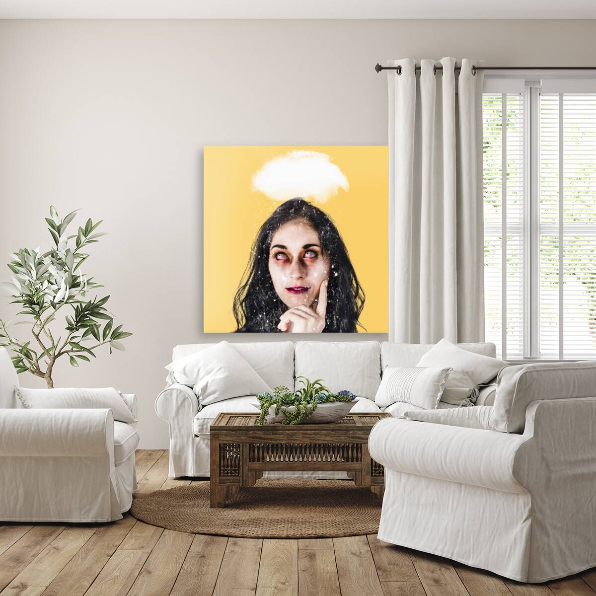 Dead zombie business woman brainstorming a idea Reproduction