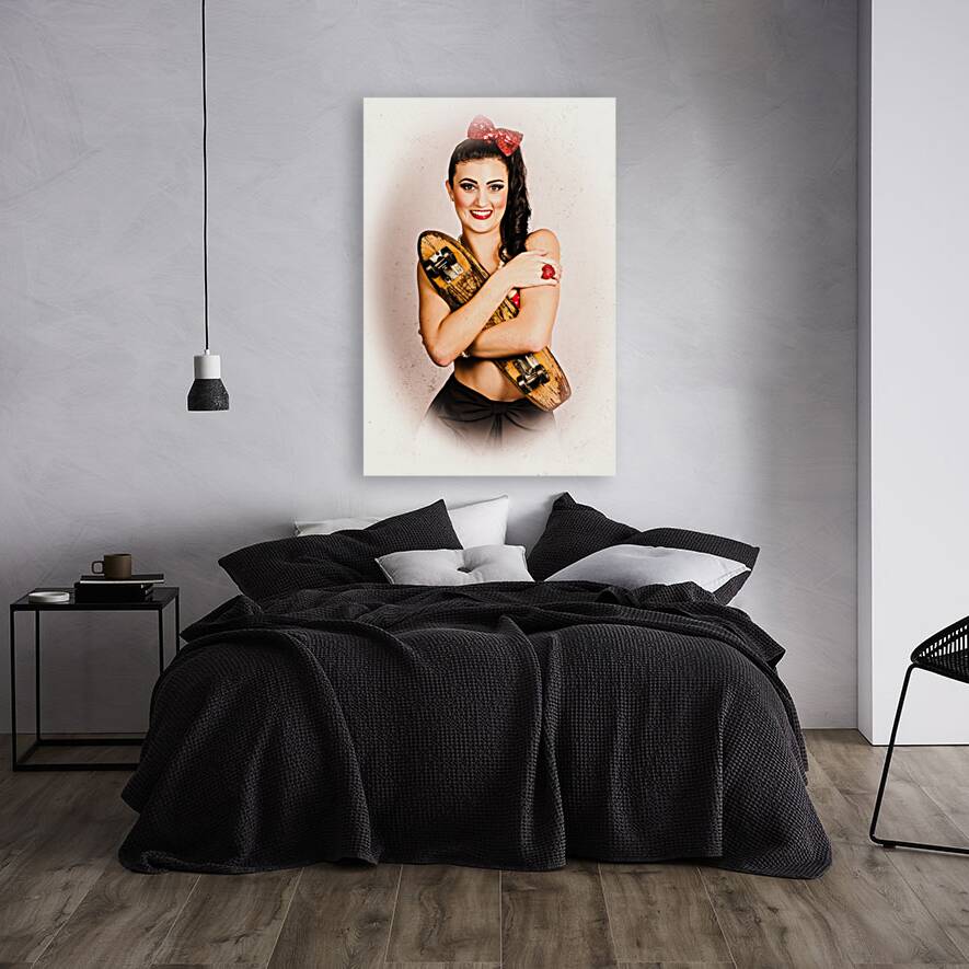 Vintage portrait of a pin-up model with skateboard Reproduction