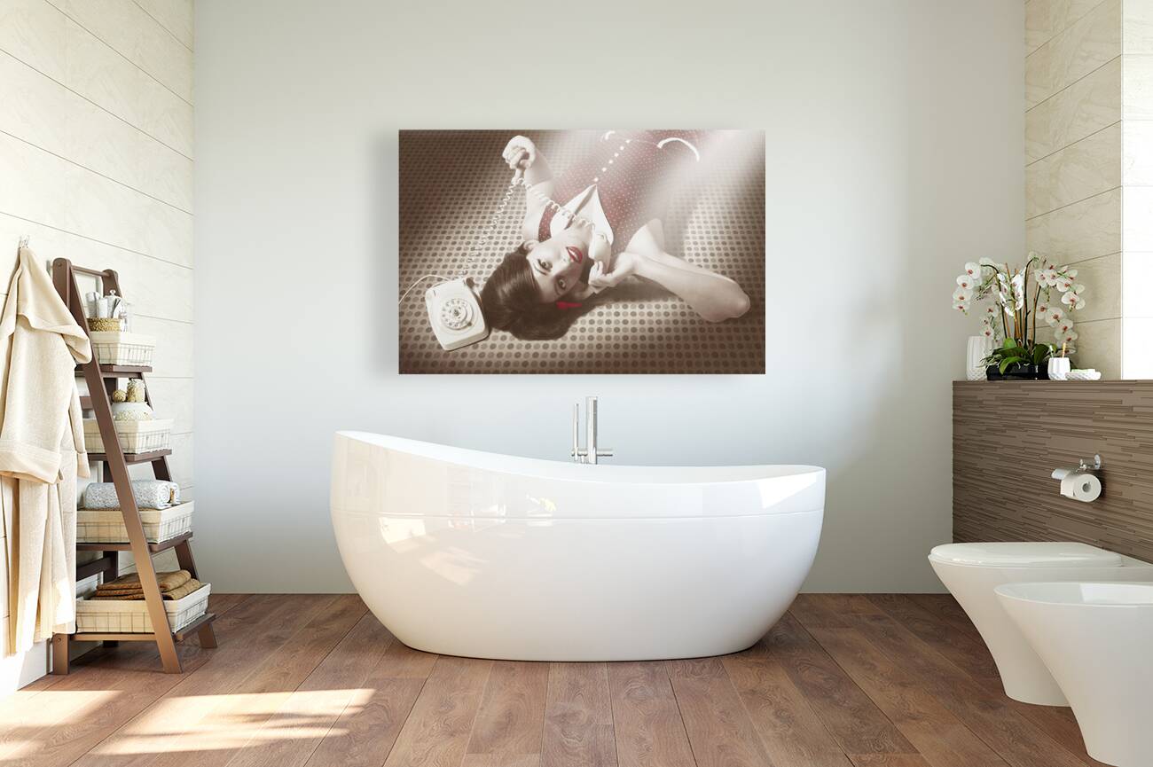 Beautiful brunette pinup woman on vintage phone Reproduction