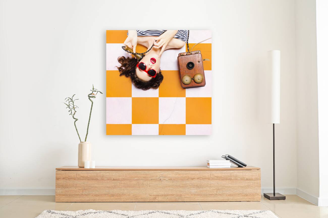 Pin-up beauty decision making on old phone Reproduction