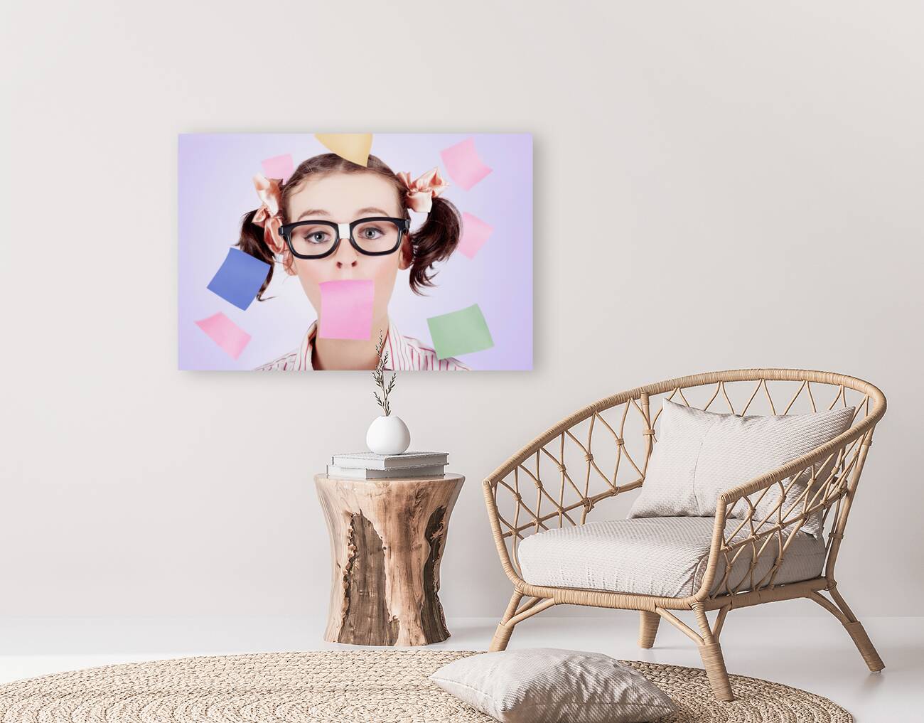 Business Womans Face Covered In Paper Reminders Reproduction