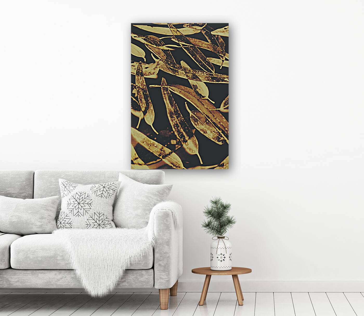 Sepia toned image of floating eucalyptus leaves Reproduction