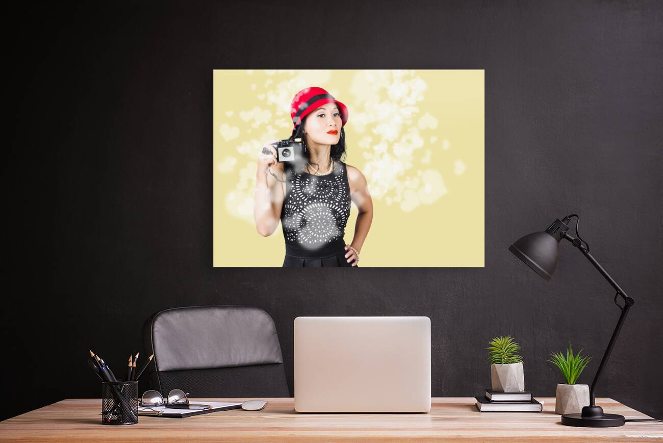 Photographer taking photos with retro film camera Reproduction