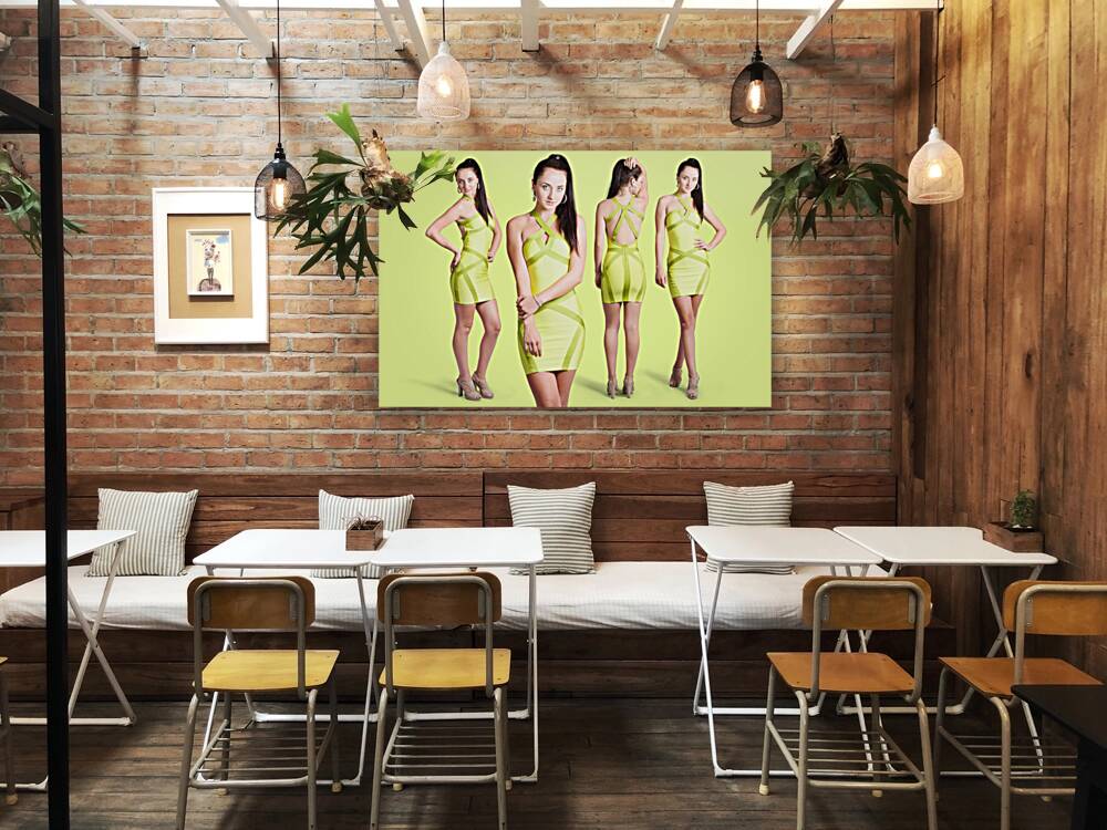 Spring fashion. Young girl in retro green dress Reproduction